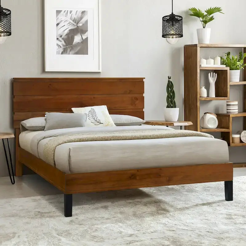 Mid-Century Modern Solid Wood Bed Frame Full Size Platform Bed with Three-Piece Headboard Design, Brown