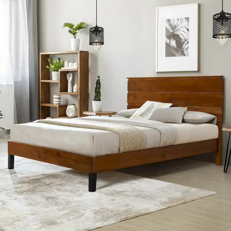 Mid-Century Modern Solid Wood Bed Frame Full Size Platform Bed with Three-Piece Headboard Design, Brown
