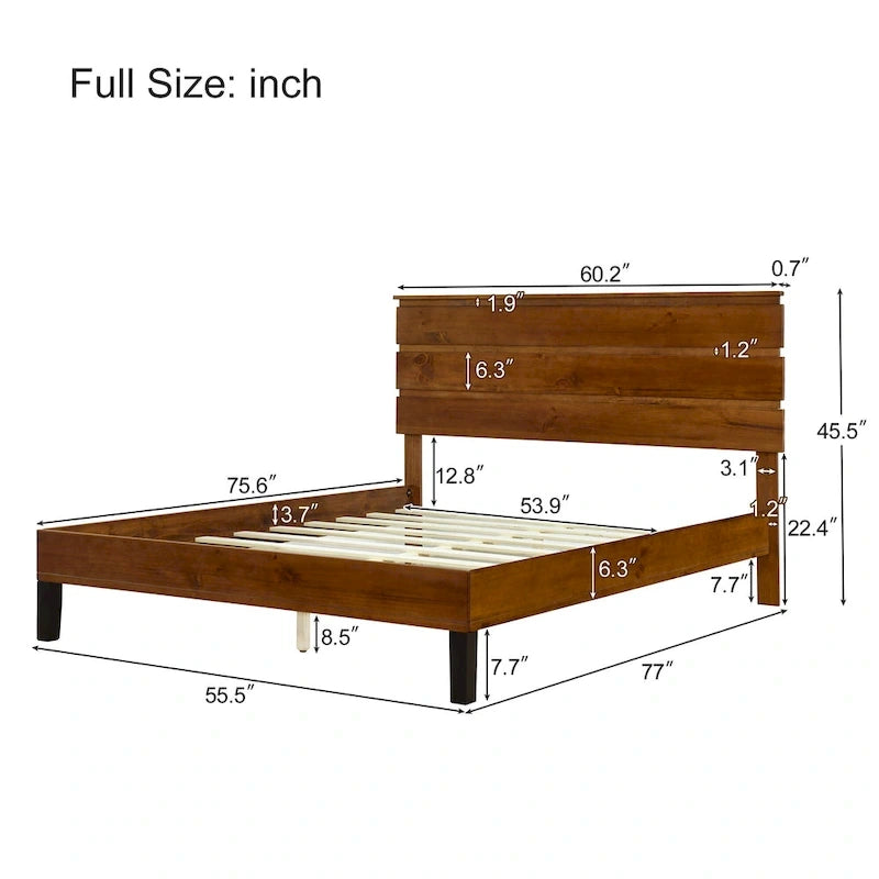Mid-Century Modern Solid Wood Bed Frame Full Size Platform Bed with Three-Piece Headboard Design, Brown