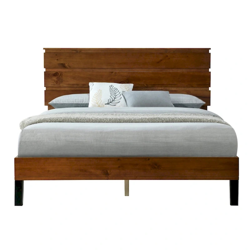 Mid-Century Modern Solid Wood Bed Frame Full Size Platform Bed with Three-Piece Headboard Design, Brown
