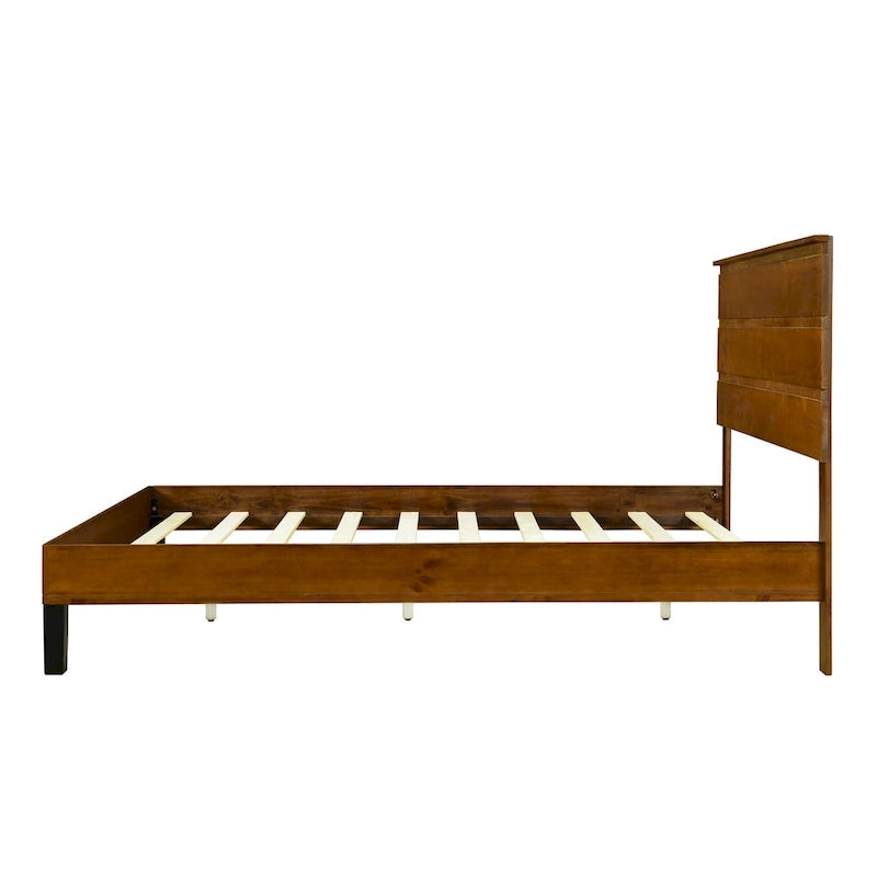 Mid-Century Modern Solid Wood Bed Frame Full Size Platform Bed with Three-Piece Headboard Design, Brown