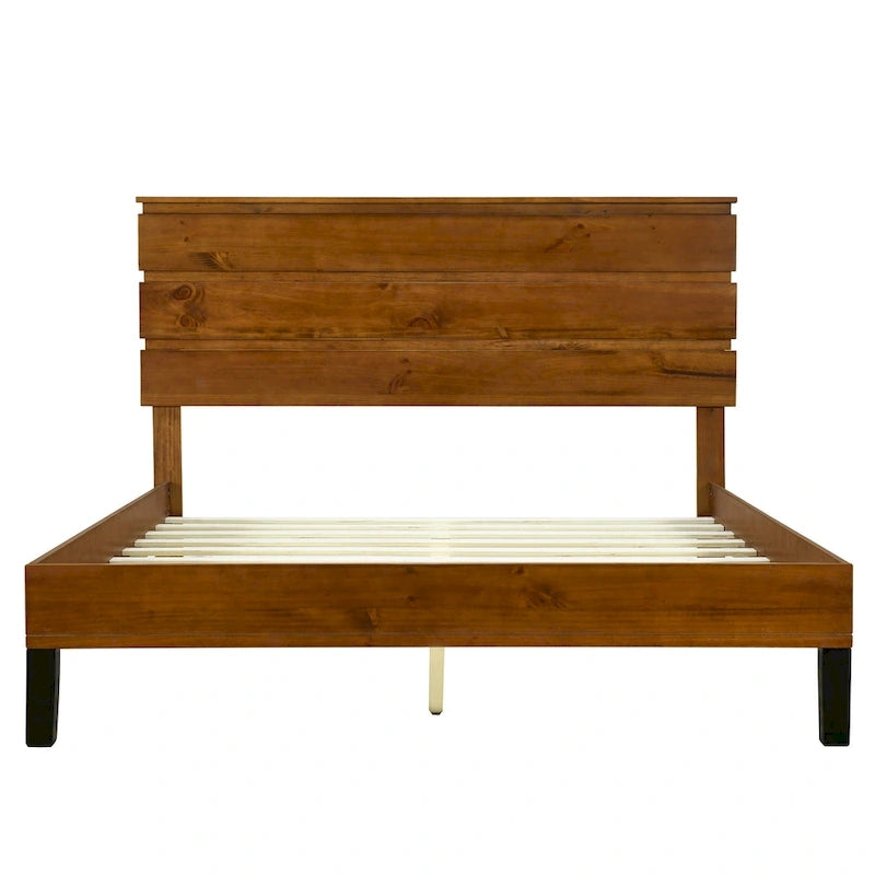 Mid-Century Modern Solid Wood Bed Frame Full Size Platform Bed with Three-Piece Headboard Design, Brown