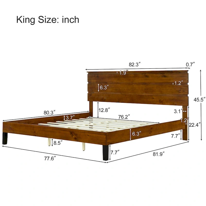 Mid-Century Modern Solid Wood Bed Frame Full Size Platform Bed with Three-Piece Headboard Design, Brown
