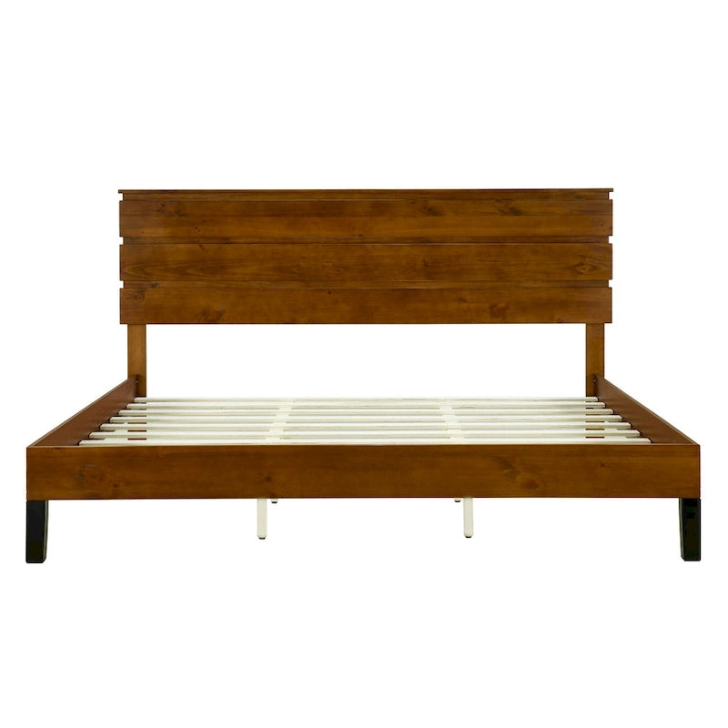 Mid-Century Modern Solid Wood Bed Frame Full Size Platform Bed with Three-Piece Headboard Design, Brown