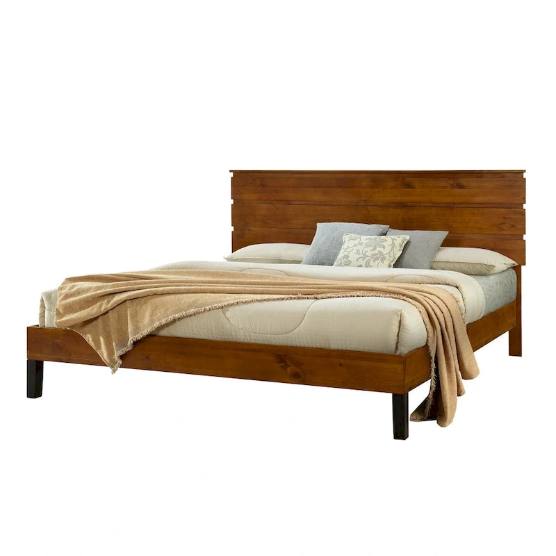 Mid-Century Modern Solid Wood Bed Frame Full Size Platform Bed with Three-Piece Headboard Design, Brown