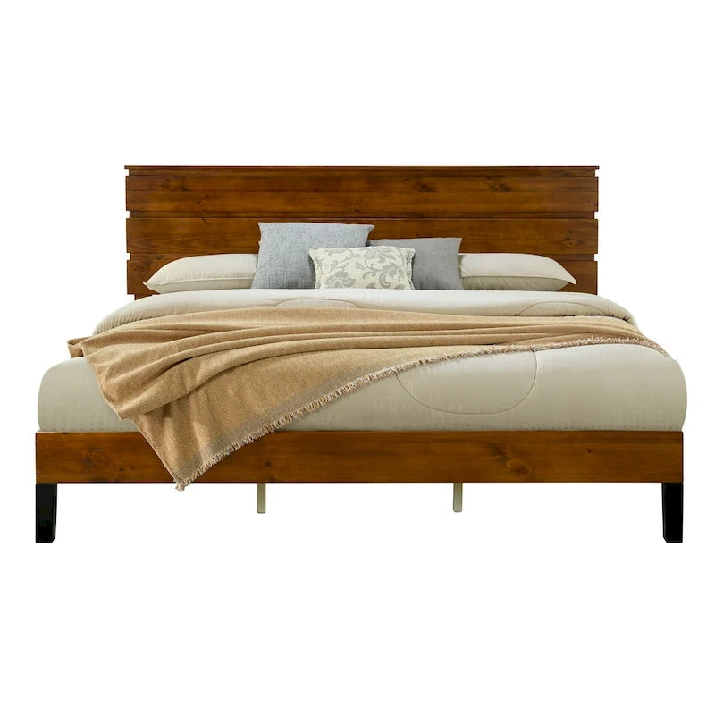 Mid-Century Modern Solid Wood Bed Frame Full Size Platform Bed with Three-Piece Headboard Design, Brown