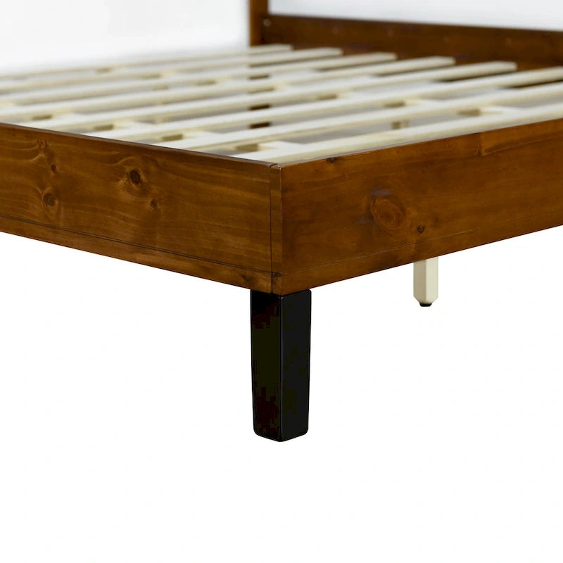 Mid-Century Modern Solid Wood Bed Frame Full Size Platform Bed with Three-Piece Headboard Design, Brown
