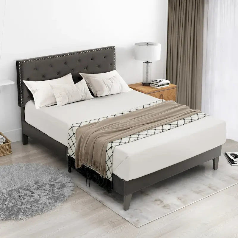 Bed Frame Upholstered Platform Bed with Tufted Headboard
