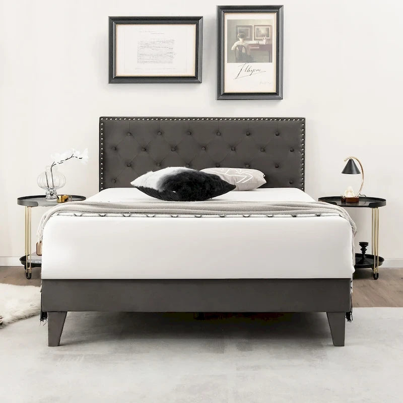 Bed Frame Upholstered Platform Bed with Tufted Headboard