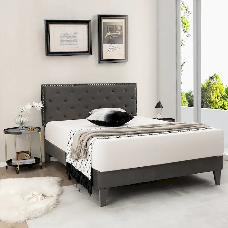 Bed Frame Upholstered Platform Bed with Tufted Headboard