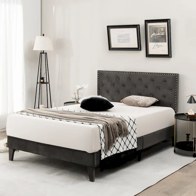 Bed Frame Upholstered Platform Bed with Tufted Headboard