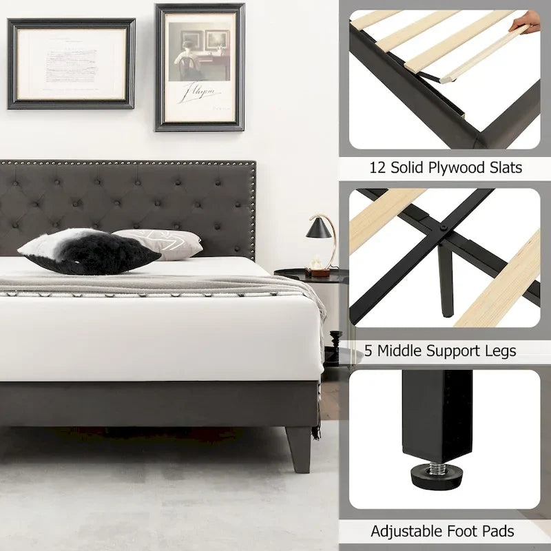 Bed Frame Upholstered Platform Bed with Tufted Headboard