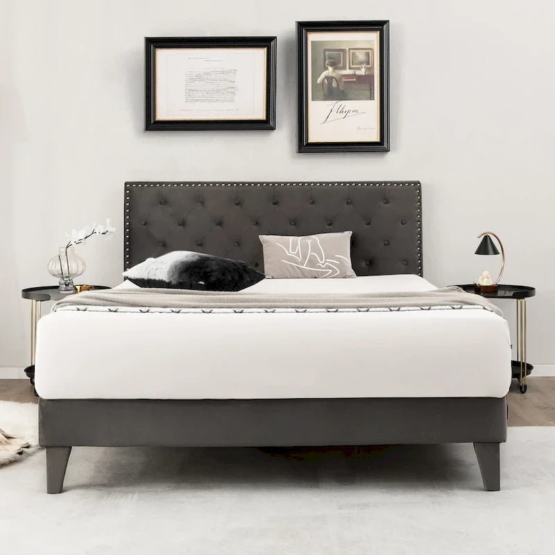 Bed Frame Upholstered Platform Bed with Tufted Headboard
