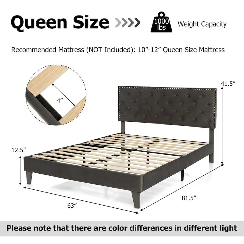 Bed Frame Upholstered Platform Bed with Tufted Headboard