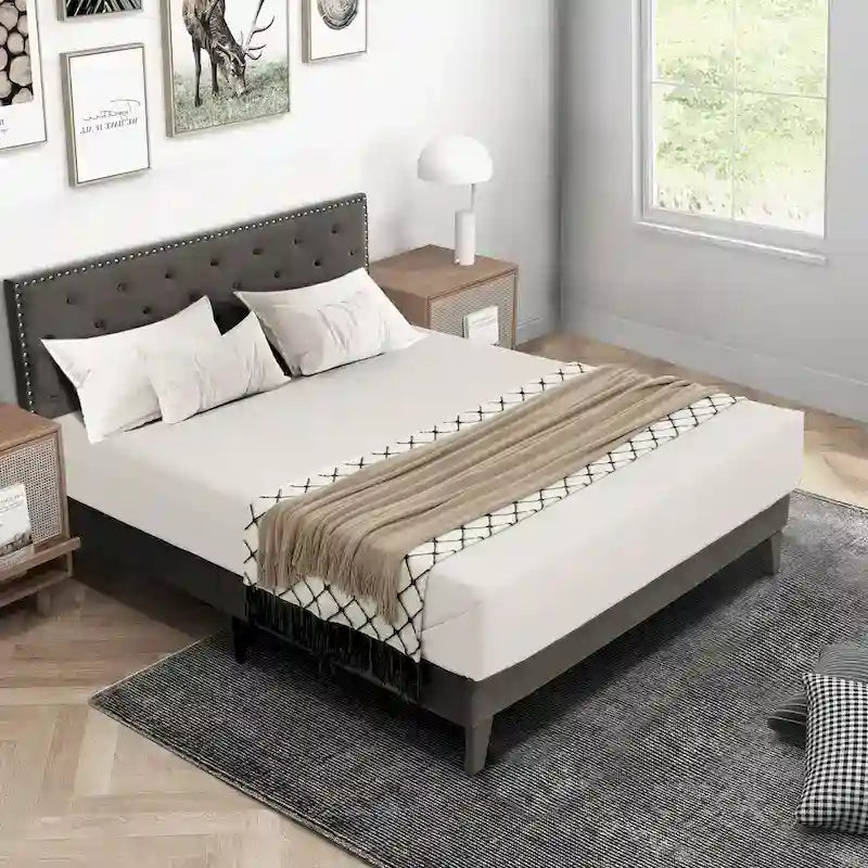 Bed Frame Upholstered Platform Bed with Tufted Headboard