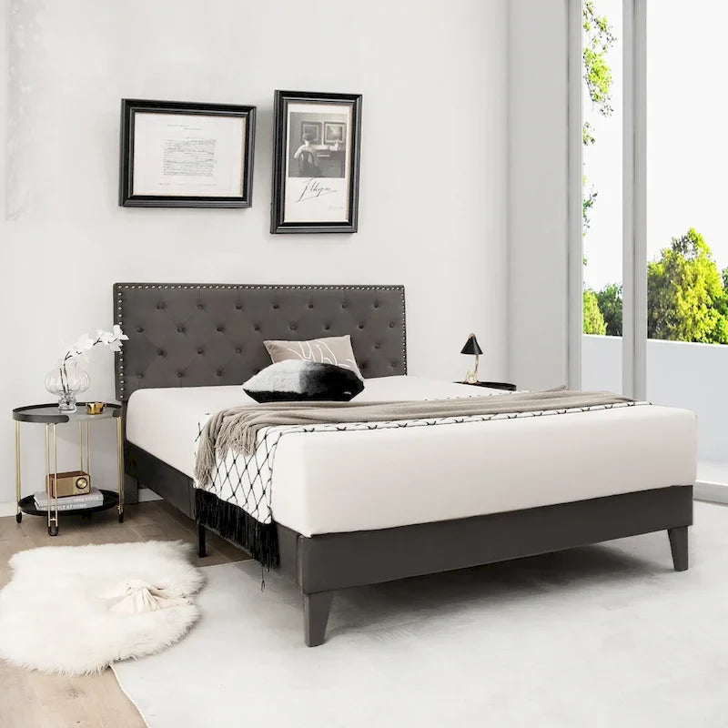 Bed Frame Upholstered Platform Bed with Tufted Headboard