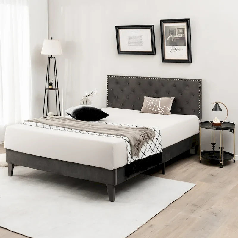 Bed Frame Upholstered Platform Bed with Tufted Headboard