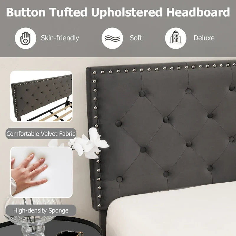 Bed Frame Upholstered Platform Bed with Tufted Headboard
