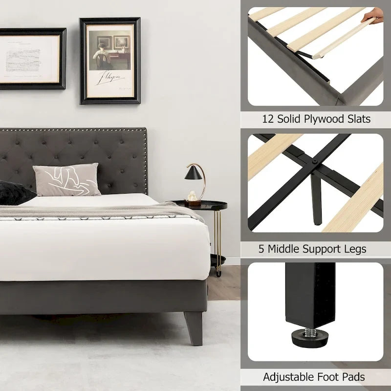 Bed Frame Upholstered Platform Bed with Tufted Headboard
