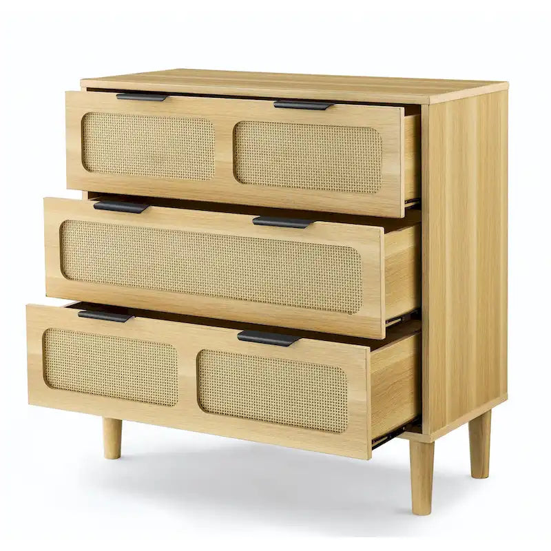 Farmhouse Rattan 3 Drawer Dresser, Wooden Wide Chest of Drawers with Metal Handles