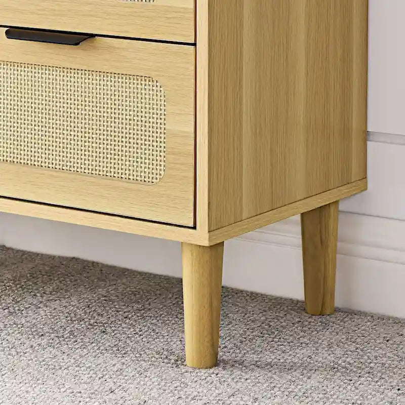 Farmhouse Rattan 3 Drawer Dresser, Wooden Wide Chest of Drawers with Metal Handles