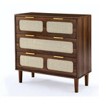 Farmhouse Rattan 3 Drawer Dresser, Wooden Wide Chest of Drawers with Metal Handles