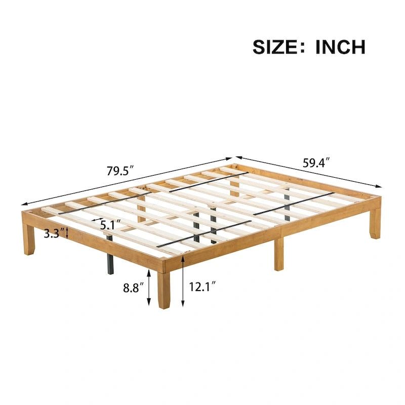 Queen Size Wooden Platform Bed with Strong Wood Slat Support for Bedroom