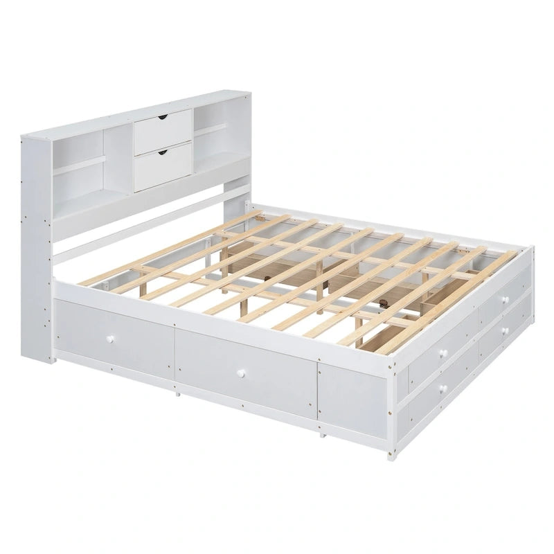 Modern Wooden Platform Bed with Storage Headboard and 8 Drawers for Bedroom