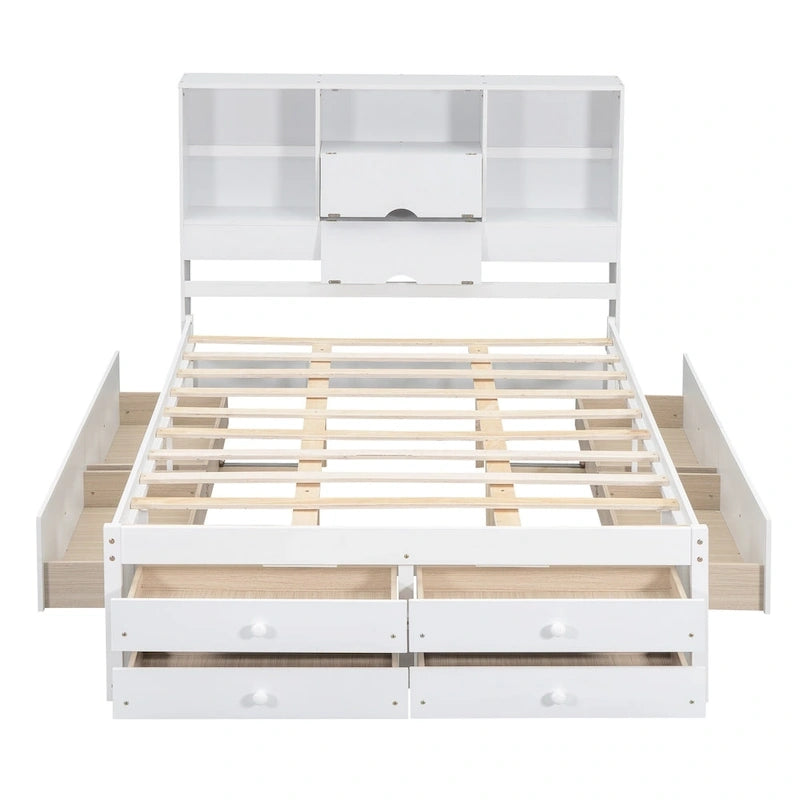 Modern Wooden Platform Bed with Storage Headboard and 8 Drawers for Bedroom