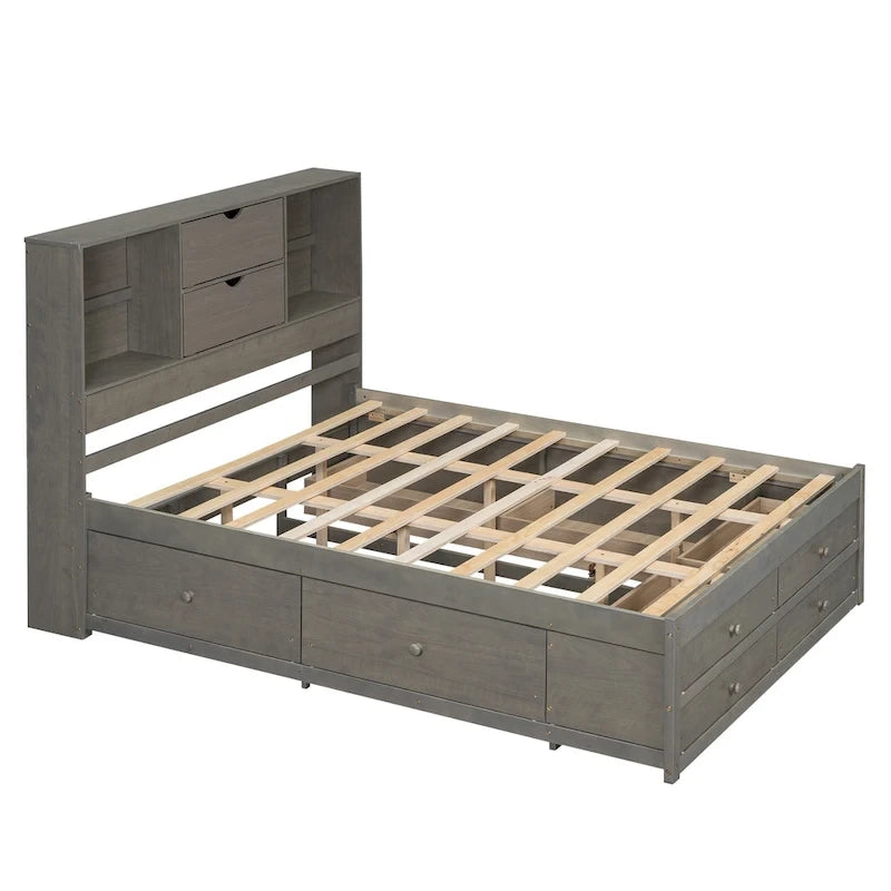 Modern Wooden Platform Bed with Storage Headboard and 8 Drawers for Bedroom
