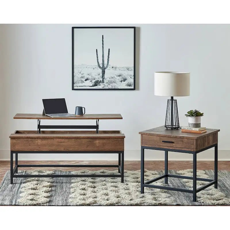 1 Drawer Wood End Table in Brown Oak and Sandy Black