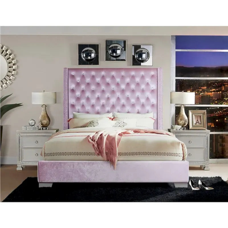 Newell Pink Velvet Upholstered Tufted Panel Bed