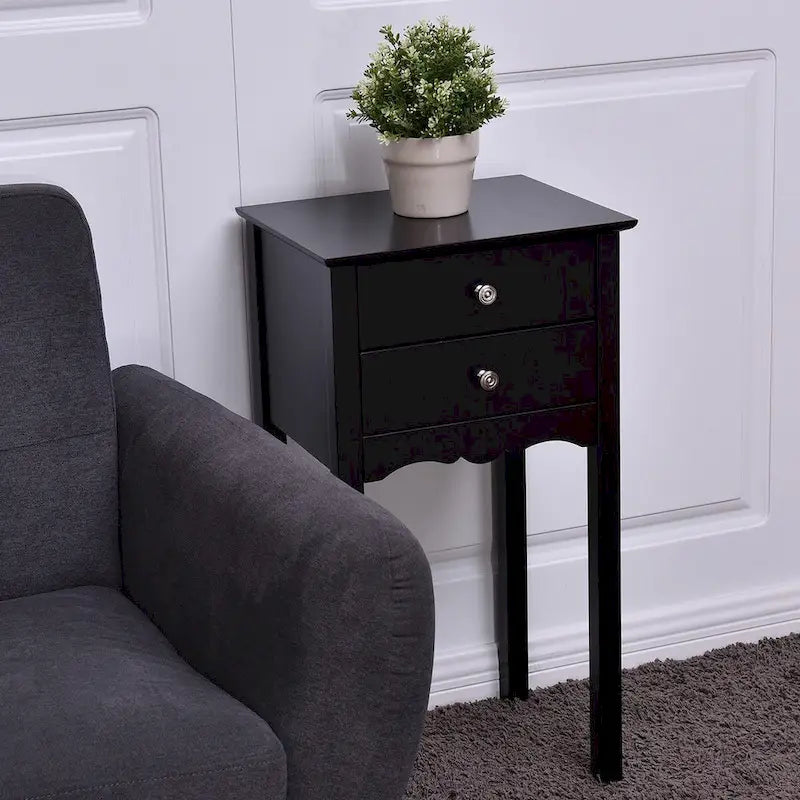 Side Table End Accent Table with 2 Drawers - Black