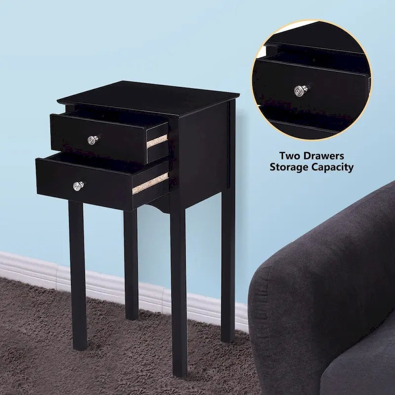 Side Table End Accent Table with 2 Drawers - Black