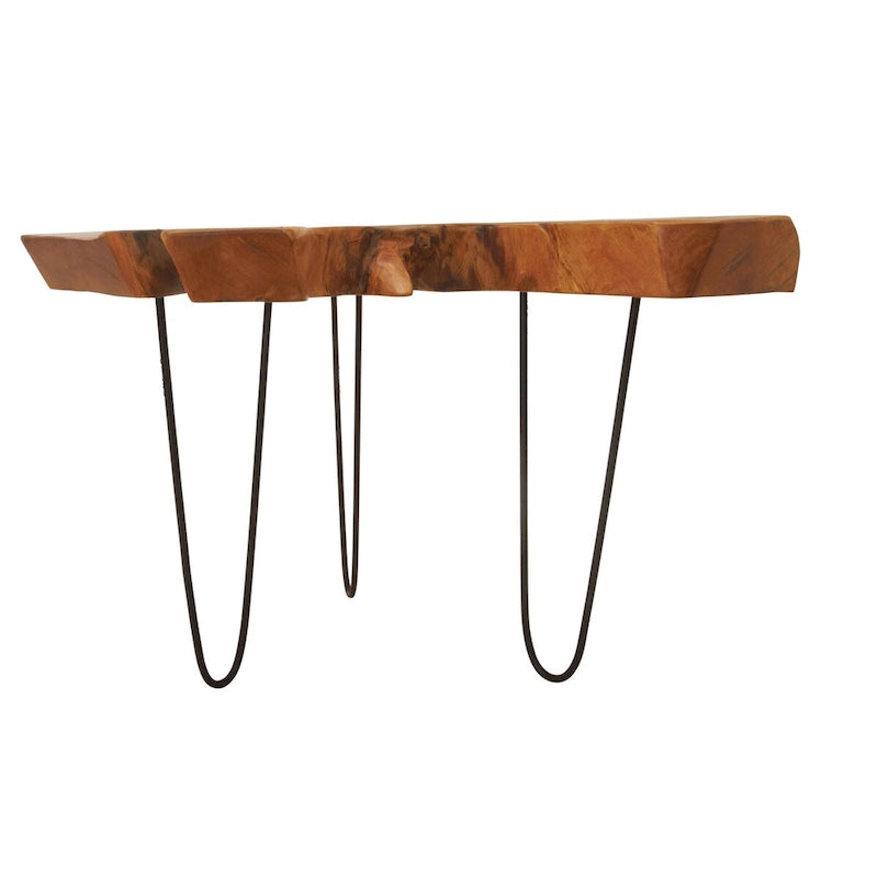 Wood Handmade Live Edge Top Coffee Table with Black Metal Hairpin Legs - Brown