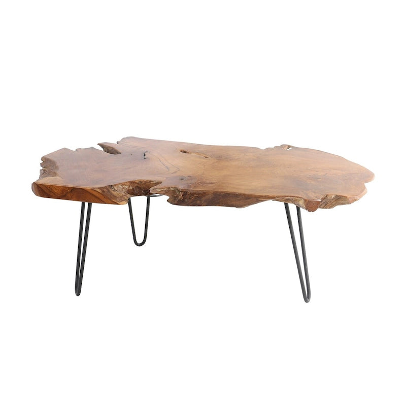 Wood Handmade Live Edge Top Coffee Table with Black Metal Hairpin Legs - Brown