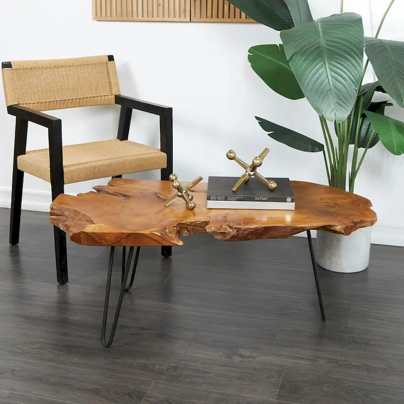Wood Handmade Live Edge Top Coffee Table with Black Metal Hairpin Legs - Brown