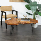 Wood Handmade Live Edge Top Coffee Table with Black Metal Hairpin Legs - Brown