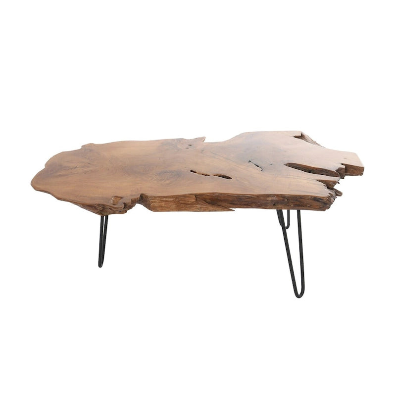 Wood Handmade Live Edge Top Coffee Table with Black Metal Hairpin Legs - Brown