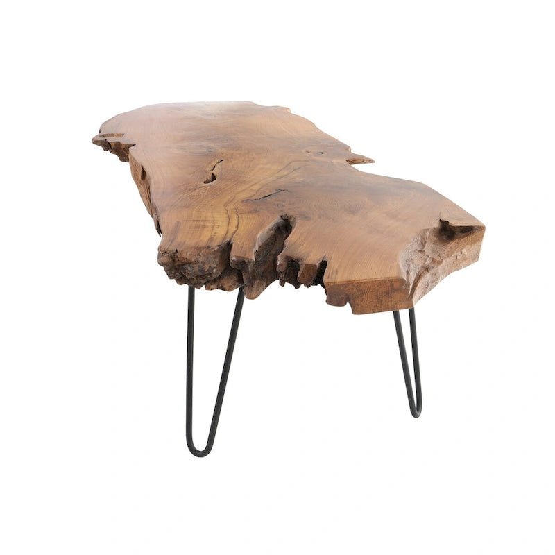 Wood Handmade Live Edge Top Coffee Table with Black Metal Hairpin Legs - Brown