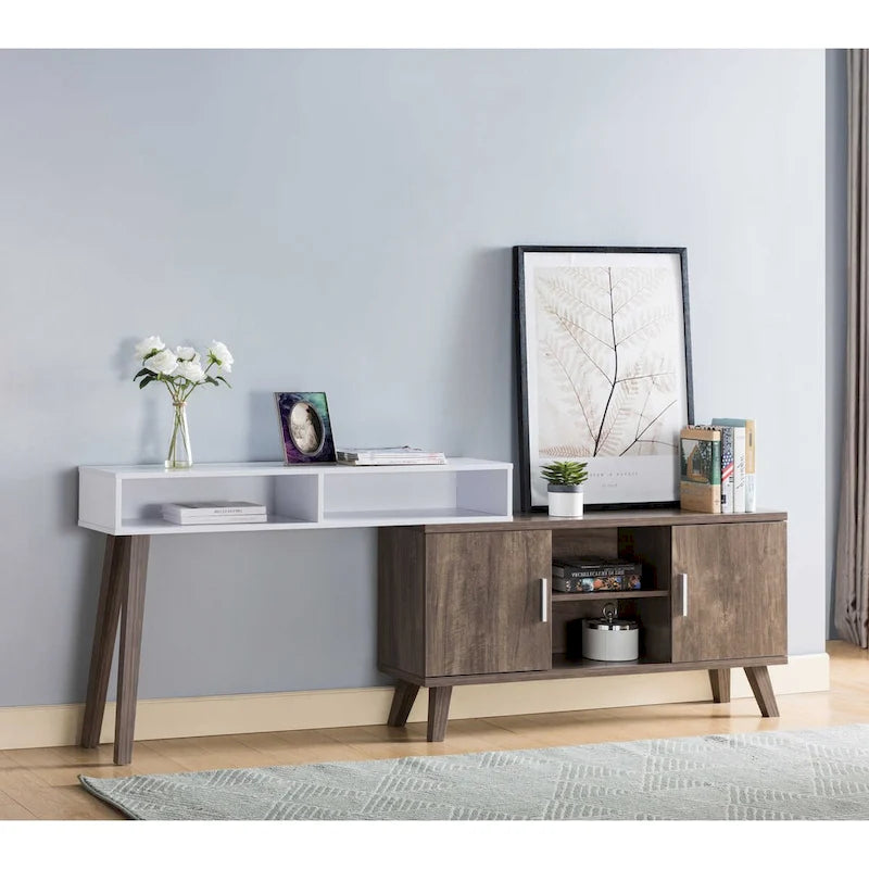 Home Entryway Console Table with Multi- Storage Compartments, Display Cabinet, Hazelnut & White