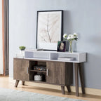 Home Entryway Console Table with Multi- Storage Compartments, Display Cabinet, Hazelnut & White
