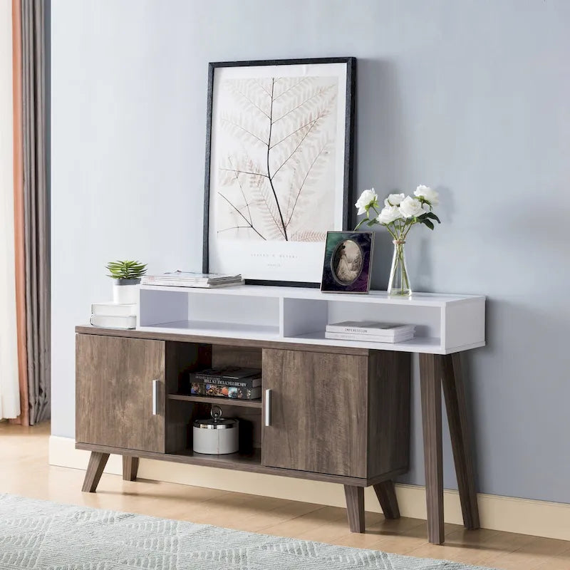 Home Entryway Console Table with Multi- Storage Compartments, Display Cabinet, Hazelnut & White