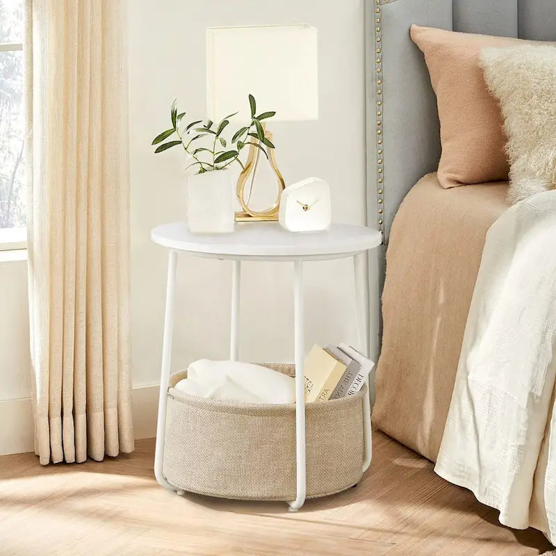 Modern Nightstand Bedside Table with Fabric Basket for Bedroom Nursery