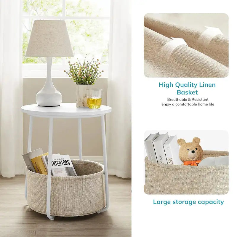Modern Nightstand Bedside Table with Fabric Basket for Bedroom Nursery