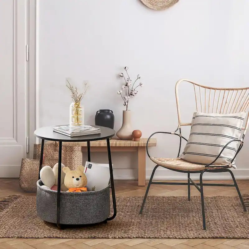 Modern Nightstand Bedside Table with Fabric Basket for Bedroom Nursery
