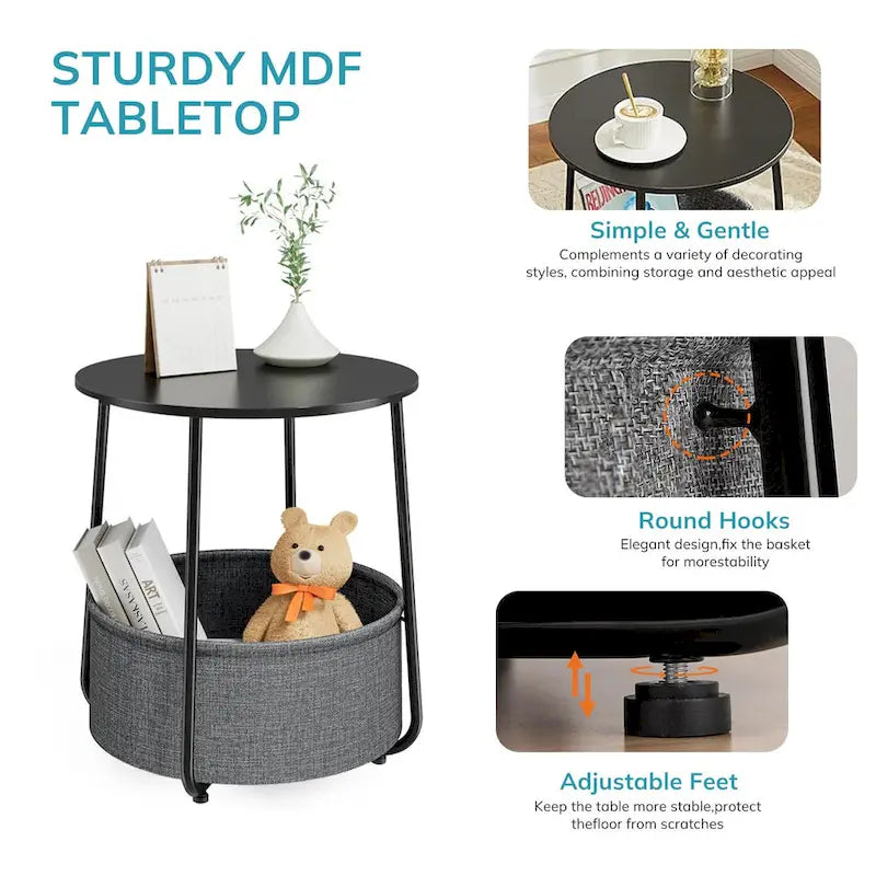 Modern Nightstand Bedside Table with Fabric Basket for Bedroom Nursery
