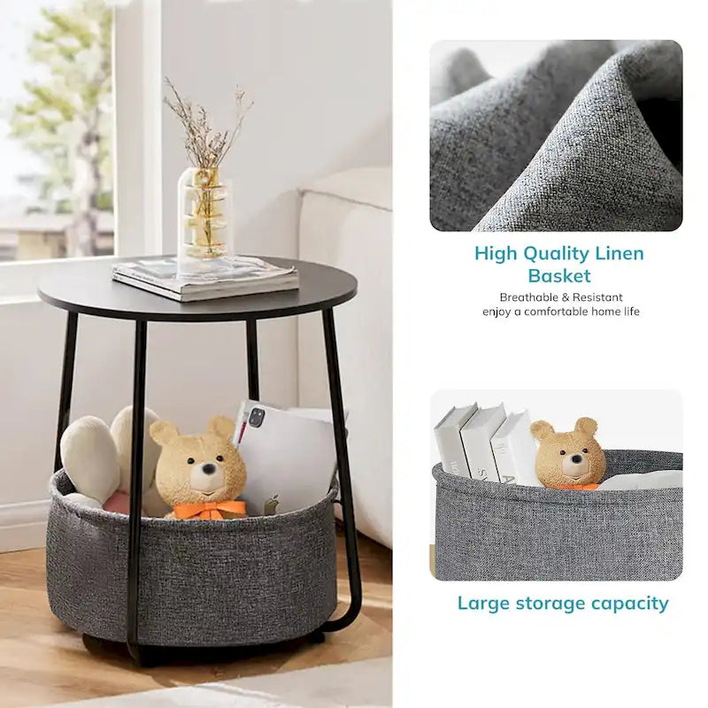 Modern Nightstand Bedside Table with Fabric Basket for Bedroom Nursery
