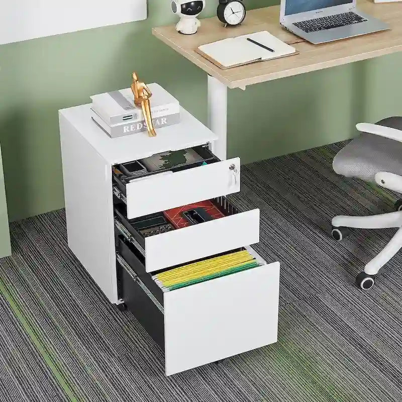 3 Drawer Mobile File Cabinet with Lock Steel File Cabinet for Legal/Letter/A4/F4 Size, Fully Assembled Include Wheels