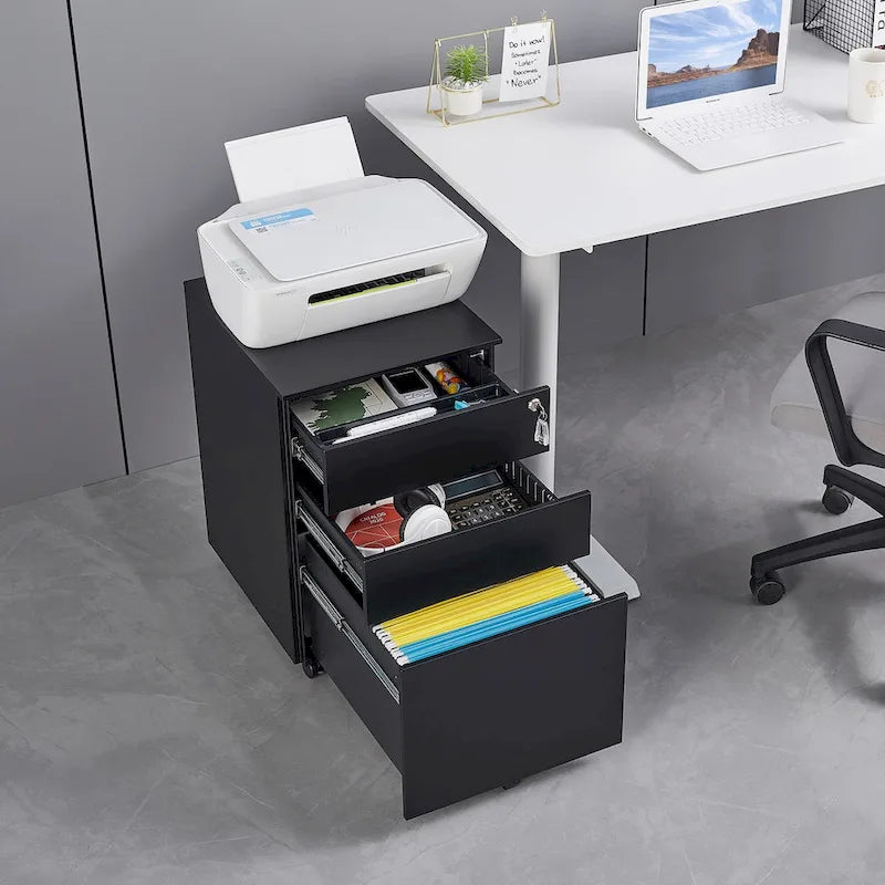 3 Drawer Mobile File Cabinet with Lock Steel File Cabinet for Legal/Letter/A4/F4 Size, Fully Assembled Include Wheels